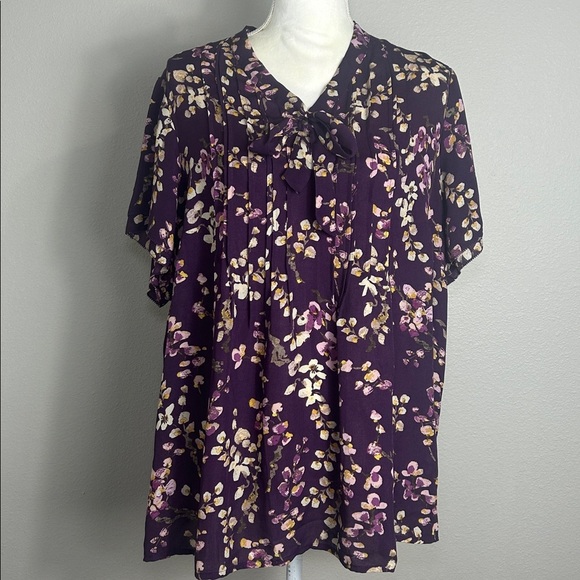 Lands' End Purple Floral Pulllover Pintuck Blouse w Tie Plus Size 18W - Picture 1 of 9